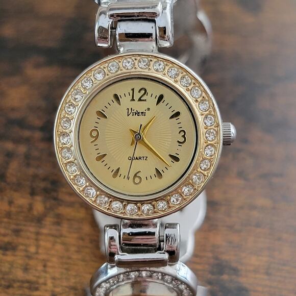 Vintage Watches Vivani Quartz Gold Dial Crystal Bezel Ladies Dress  Cuff Watch - Picture 7 of 10